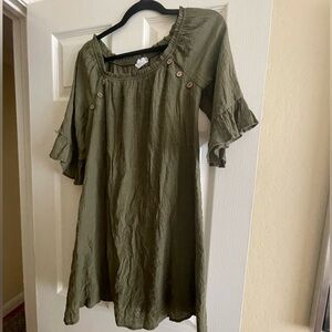 Naif Anthropologie Dress Petite Small 3/4 Sleeve Pullover Midi Olive Green Crepe